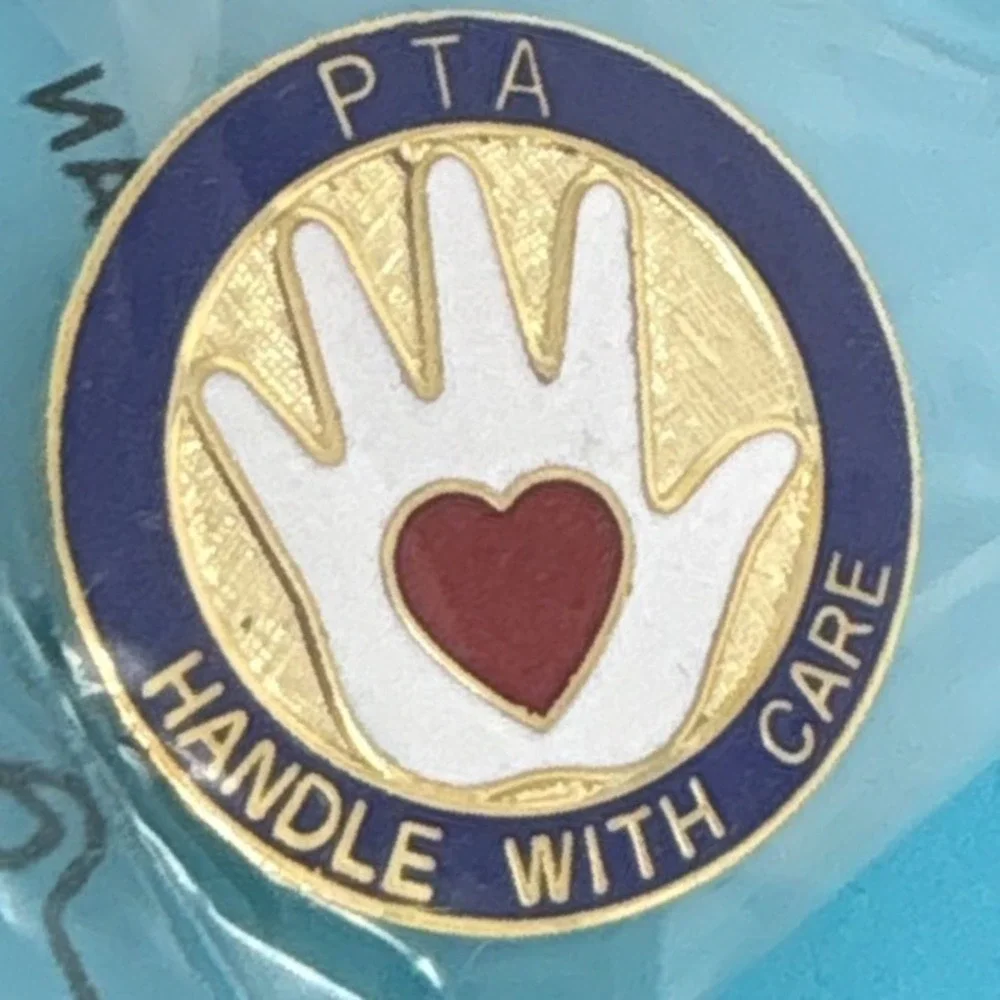 2 1990s Vintage‎ PTA Handle With Care Lapel Pin Badge Enamel Gold Tone PTA Gift